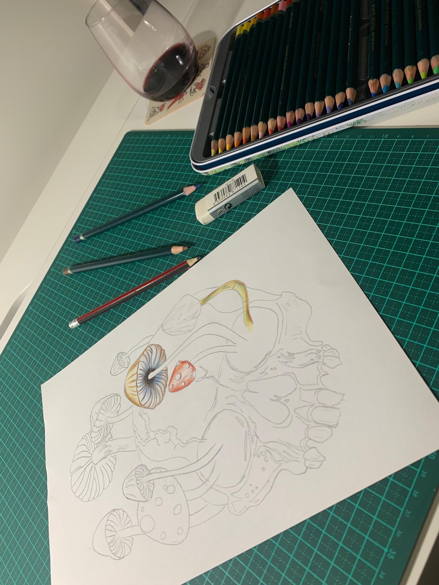Studio desk overhead — coloured pencils and illustration in early stages